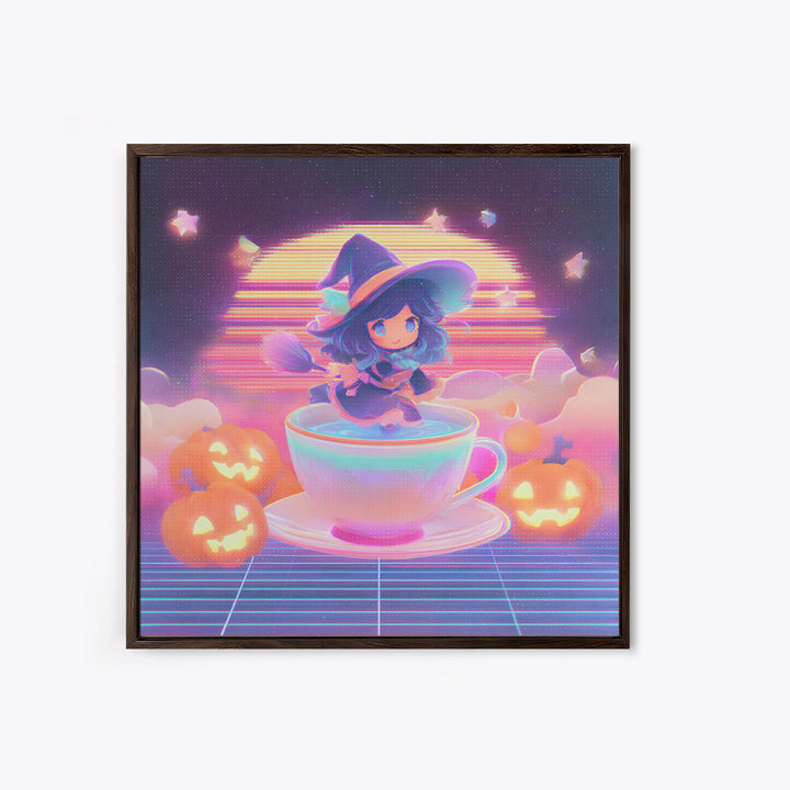 The Teacup Witch, Retro Neon Halloween Art, Square Wall Art, Framed Canvas Print, Retro Halloween Decor, Neon Wall Art