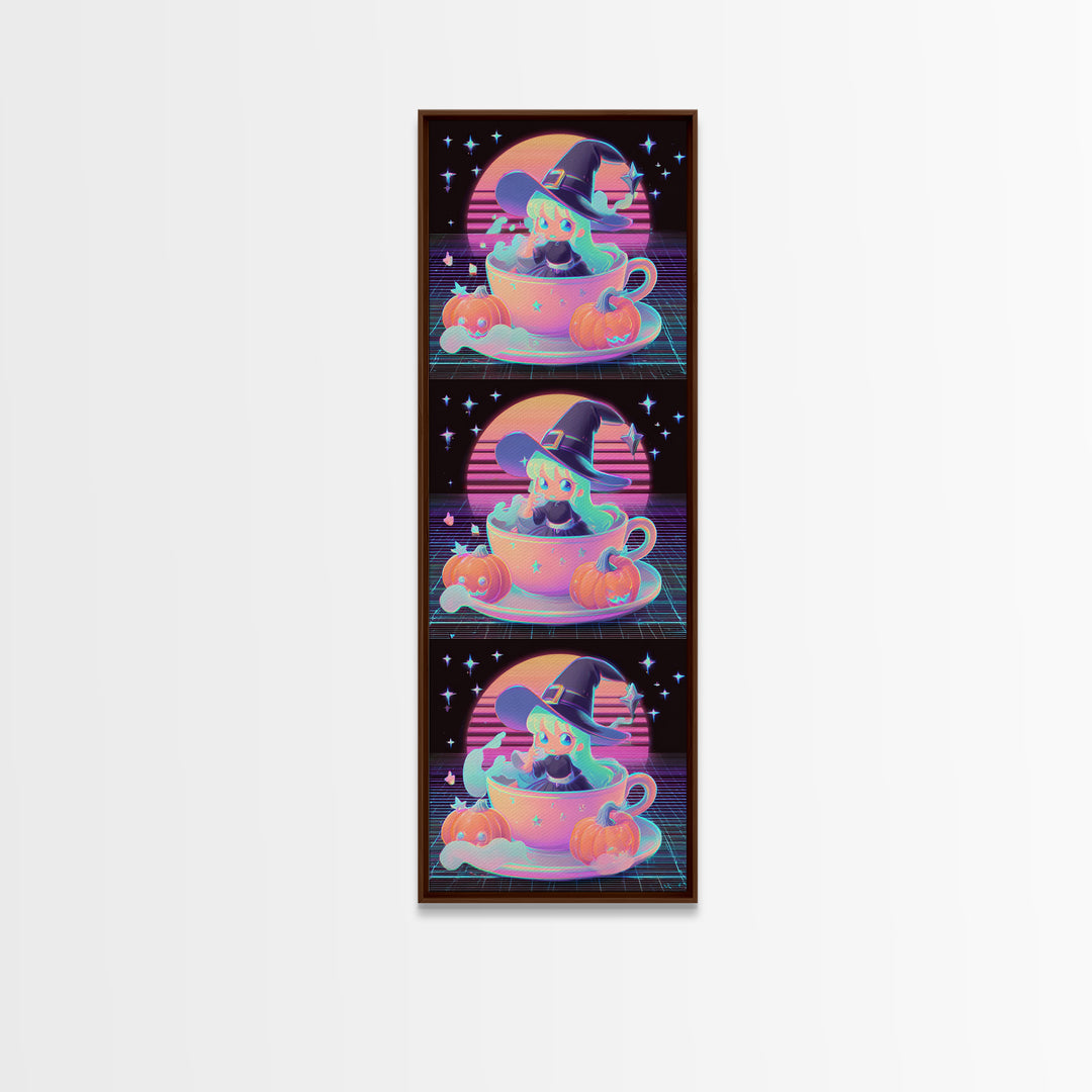 The Teacup Witch, Retro Neon Halloween Art, Tall Narrow Wall Art, Framed Canvas Print, Retro Halloween Decor, Neon Wall Art