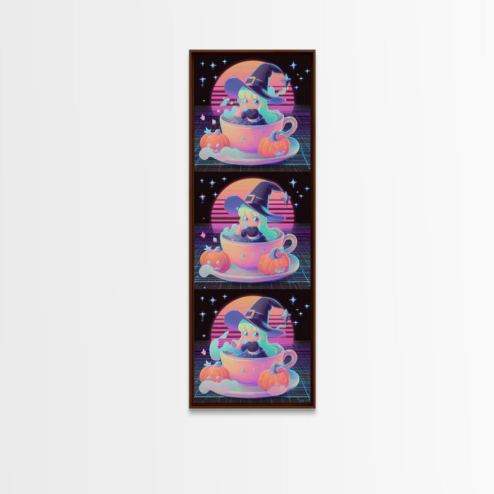 The Teacup Witch, Retro Neon Halloween Art, Tall Narrow Wall Art, Framed Canvas Print, Retro Halloween Decor, Neon Wall Art