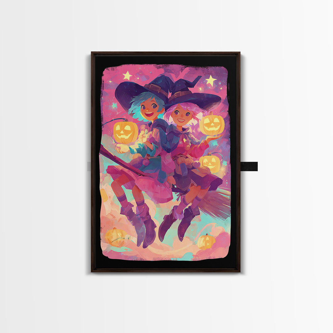 The Twin Broomstick Witches, 80s Halloween Wall Art, Vertical Wall Art, Framed Canvas Print, Retro Halloween Decor, Neon Wall Art