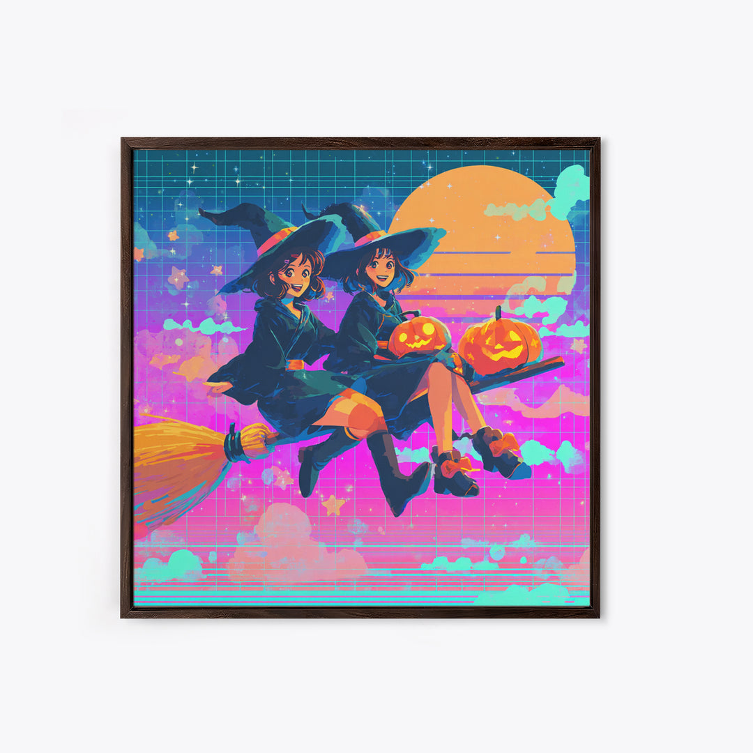 The Twin Broomstick Witches, Vaporwave Halloween Decor, Square Wall Art, Canvas Print, Retro Halloween Decor, Neon Wall Art