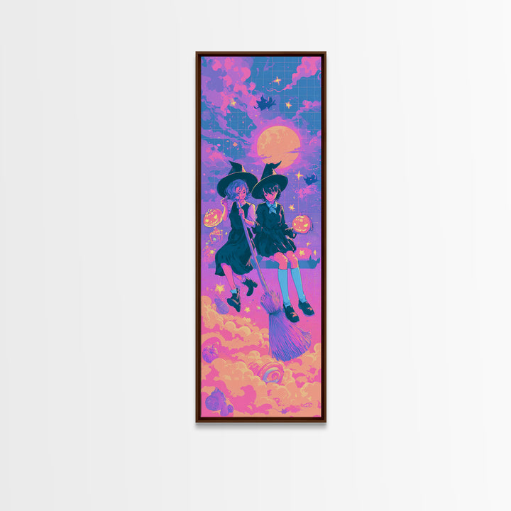 The Twin Broomstick Witches, Cute Spooky Neon Art, Tall Narrow Wall Art, Canvas Print, Retro Halloween Decor, Neon Wall Art