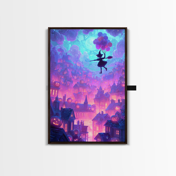 The Witch With A Balloon Broom, Cute Spooky Neon Art, Vertical Wall Art, Framed Canvas Print, Retro Halloween Decor, Neon Wall Art