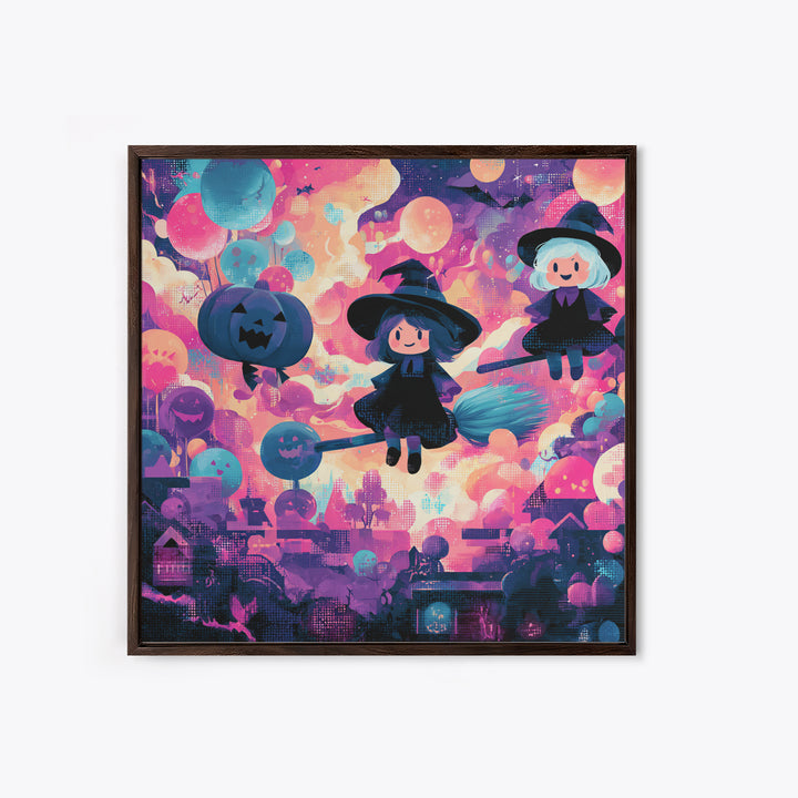 The Witch With A Balloon Broom, Synthwave Halloween Art, Square Wall Art, Canvas Print, Retro Halloween Decor, Neon Wall Art
