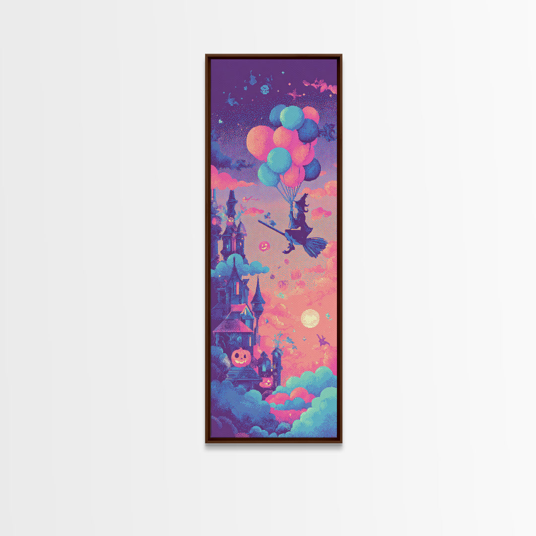 The Witch With A Balloon Broom, Vaporwave Halloween Decor, Tall Narrow Wall Art, Canvas Print, Retro Halloween Decor, Neon Wall Art