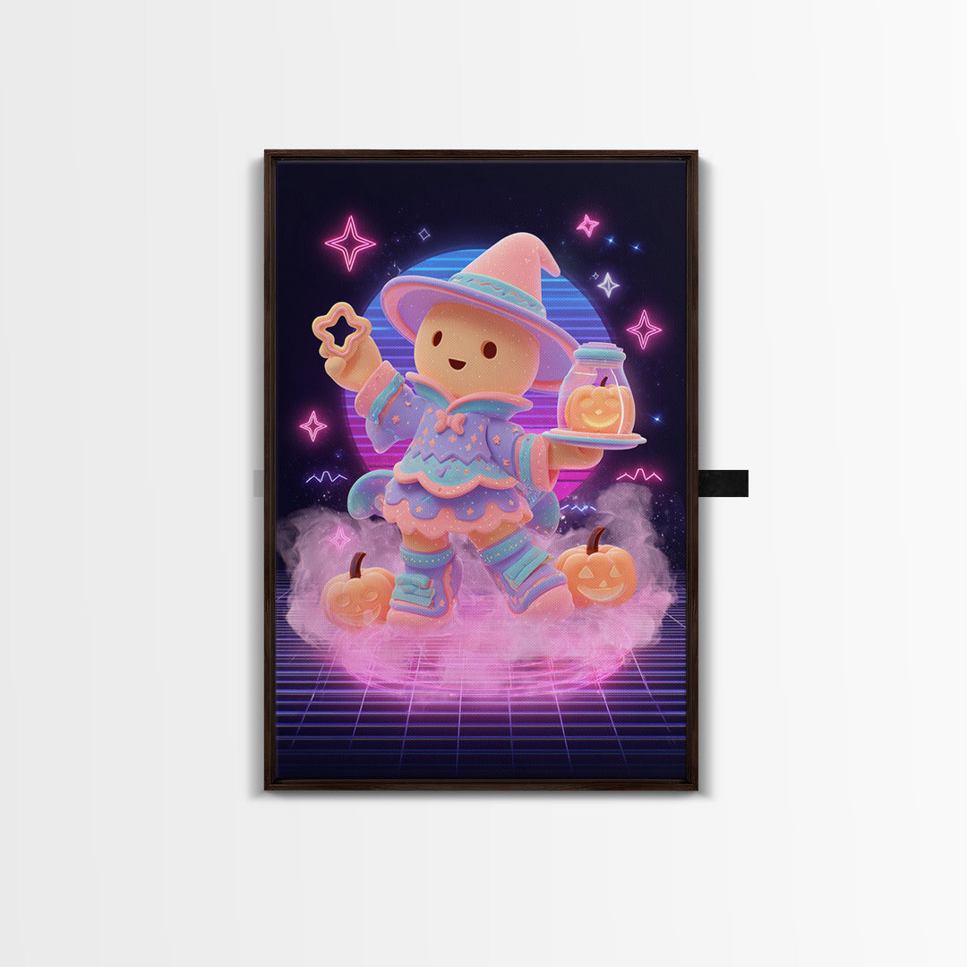 The Cookie Spellcaster, Cute Spooky Neon Art, Vertical Wall Art, Canvas Print, Retro Halloween Decor, Neon Wall Art, Collectible Wall Decor