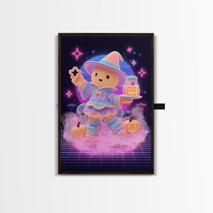 The Cookie Spellcaster, Cute Spooky Neon Art, Vertical Wall Art, Canvas Print, Retro Halloween Decor, Neon Wall Art, Collectible Wall Decor