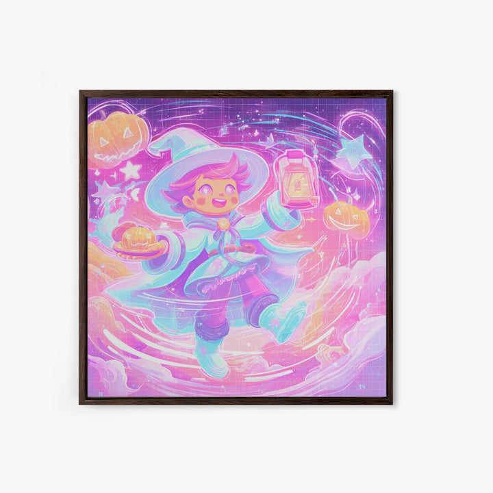 The Cookie Spellcaster, Cute Spooky Neon Art, Square Wall Art, Canvas Print, Retro Halloween Decor, Neon Wall Art, Collectible Wall Decor