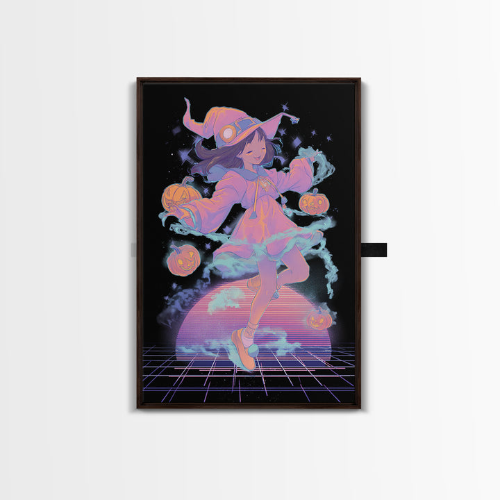 The Moonlight Pajama Witch, Vaporwave Halloween Decor, Vertical Wall Art, Canvas Print, Retro Halloween Decor, Neon Wall Art