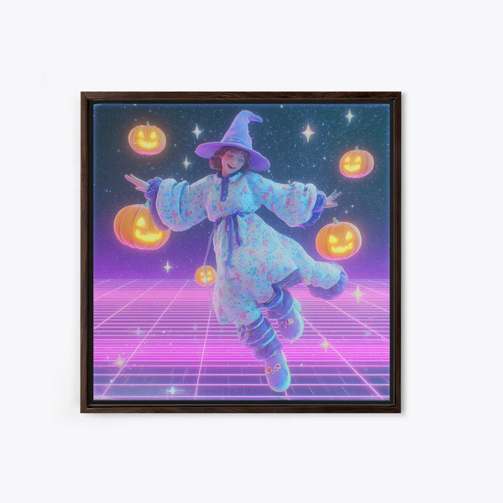 The Moonlight Pajama Witch, Synthwave Halloween Art, Square Wall Art, Canvas Print, Retro Halloween Decor, Neon Wall Art