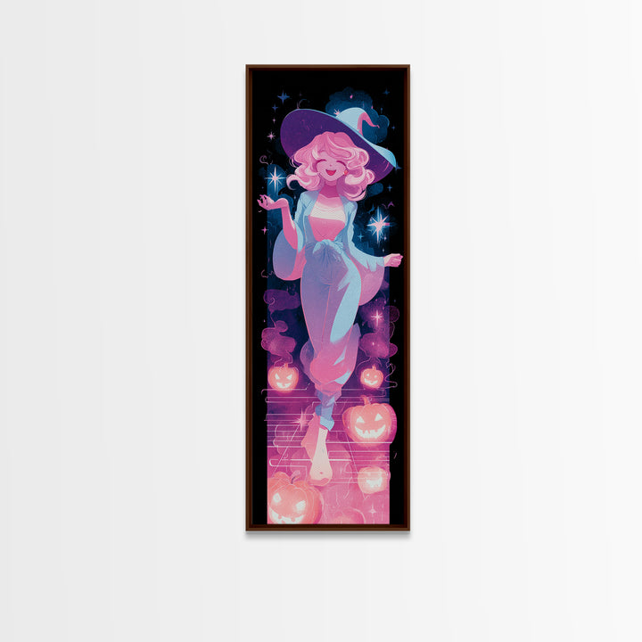 The Moonlight Pajama Witch, Cute Spooky Neon Art, Tall Narrow Wall Art, Framed Canvas Print, Retro Halloween Decor, Neon Wall Art