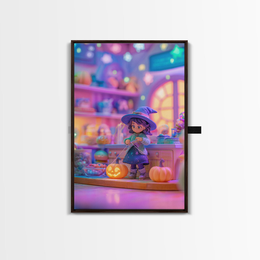 The Tiny Hat Shop Witch, Synthwave Halloween Art, Vertical Wall Art, Framed Canvas Print, Retro Halloween Decor, Neon Wall Art