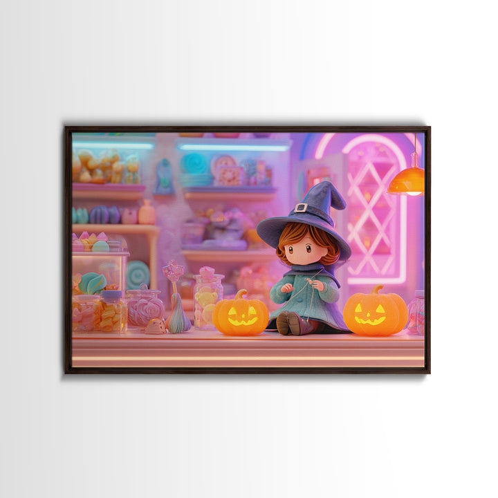 The Tiny Hat Shop Witch, Vaporwave Halloween Decor, Landscape Wall Art, Framed Canvas Print, Retro Halloween Decor, Neon Wall Art
