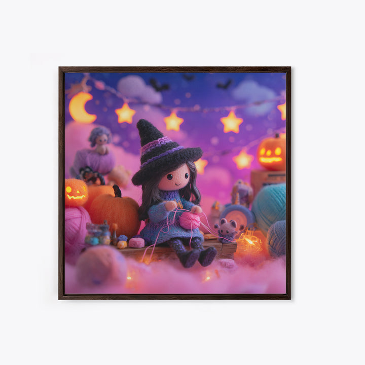 The Tiny Hat Shop Witch, Synthwave Halloween Art, Square Wall Art, Framed Canvas Print, Retro Halloween Decor, Neon Wall Art
