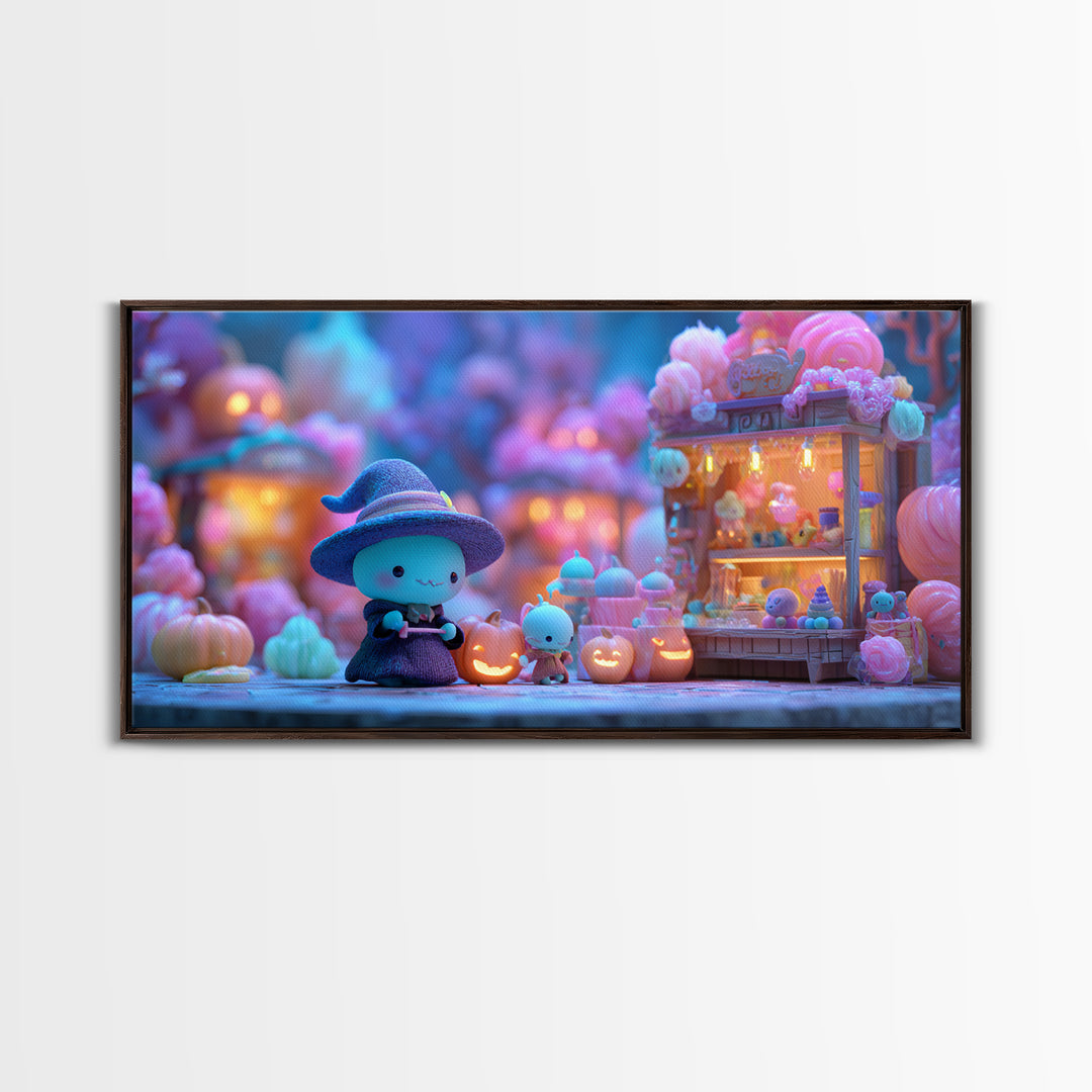 The Tiny Hat Shop Witch, Retro Neon Halloween Art, Wide Panoramic Art, Framed Canvas Print, Retro Halloween Decor, Neon Wall Art