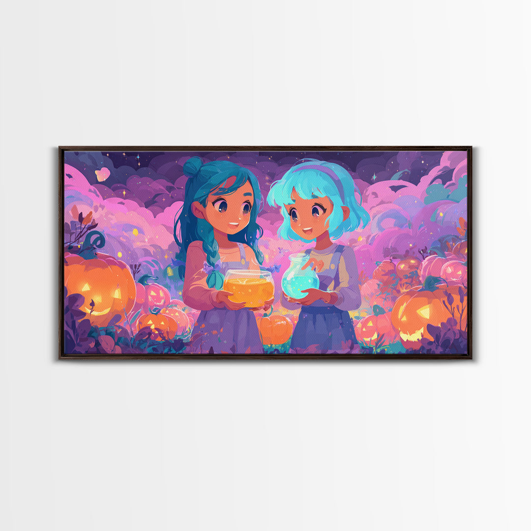 The Pumpkin Potion Twins, 80s Halloween Wall Art, Wide Panoramic Art, Canvas Print, Retro Halloween Decor, Neon Wall Art, Spooky Wall Decor
