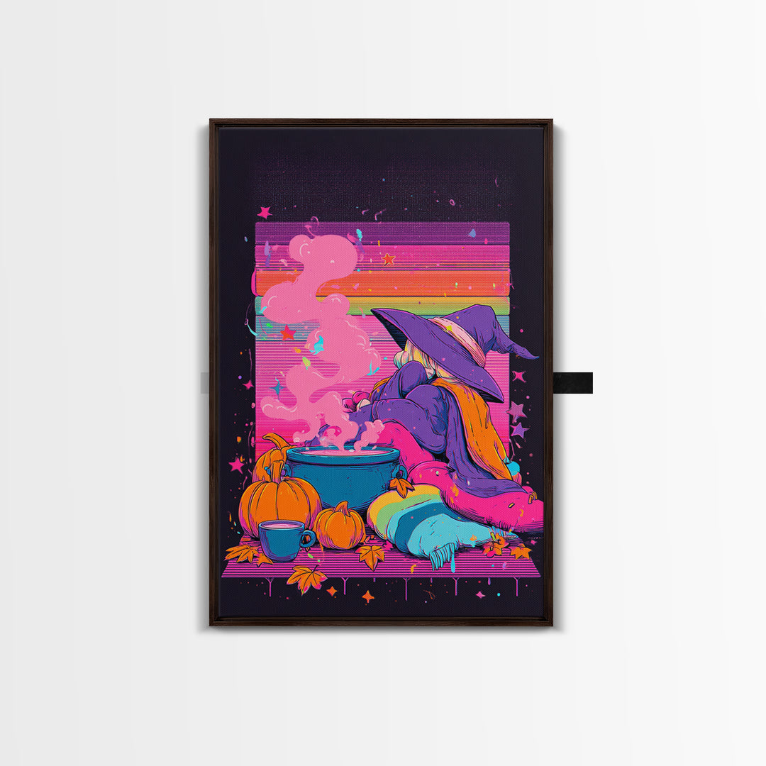 The Rainbow-Cauldron Witch, Vaporwave Halloween Decor, Vertical Wall Art, Canvas Print, Retro Halloween Decor, Neon Wall Art