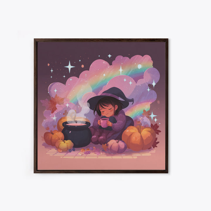 The Rainbow-Cauldron Witch, Vaporwave Halloween Decor, Square Wall Art, Framed Canvas Print, Retro Halloween Decor, Neon Wall Art