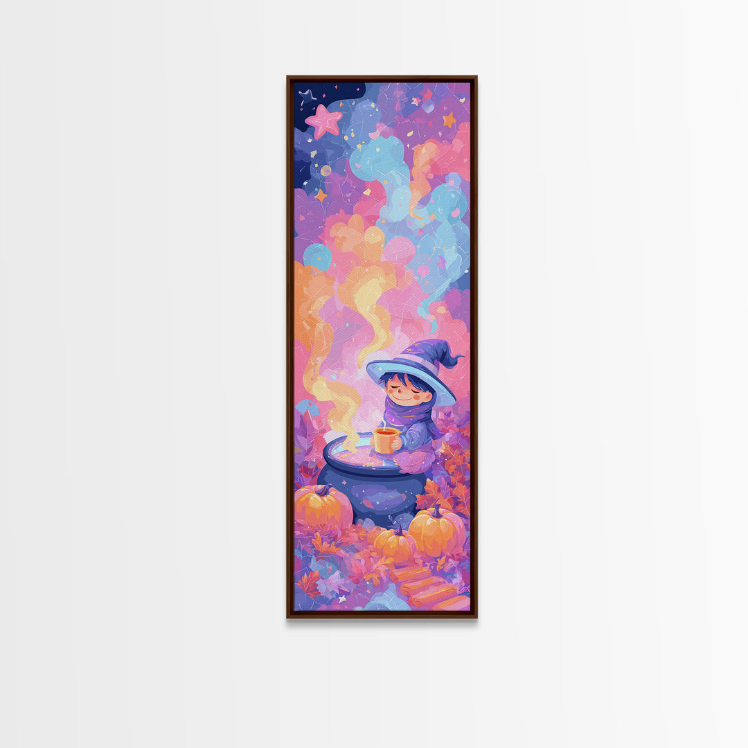 The Rainbow-Cauldron Witch, Retro Neon Halloween Art, Tall Narrow Wall Art, Framed Canvas Print, Retro Halloween Decor, Neon Wall Art
