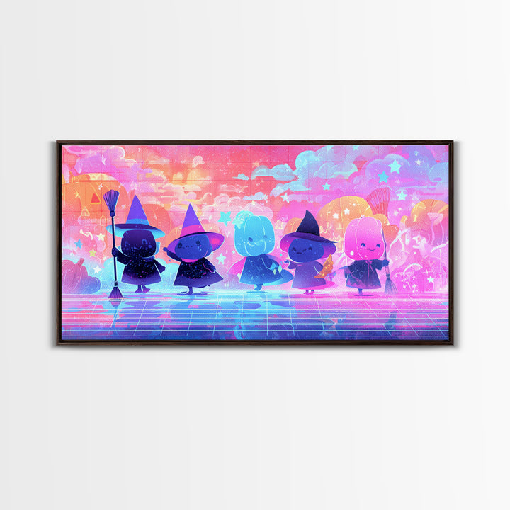 The Stardust Apprentice, Vaporwave Halloween Decor, Wide Panoramic Art, Canvas Print, Retro Halloween Decor, Neon Wall Art