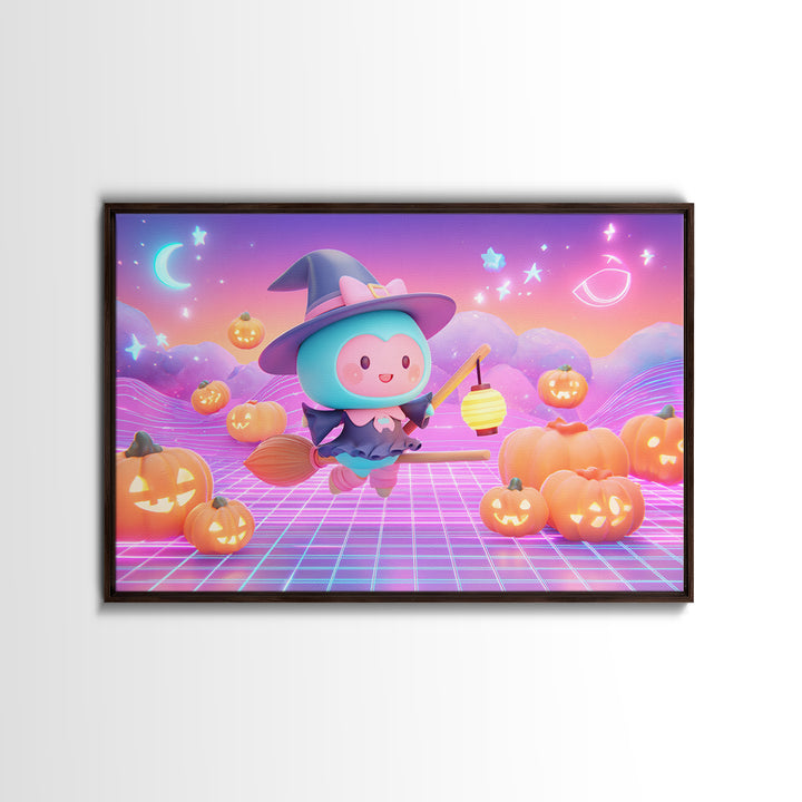 The Broomstick Riding Lesson, Synthwave Halloween Art, Landscape Wall Art, Canvas Print, Retro Halloween Decor, Neon Wall Art