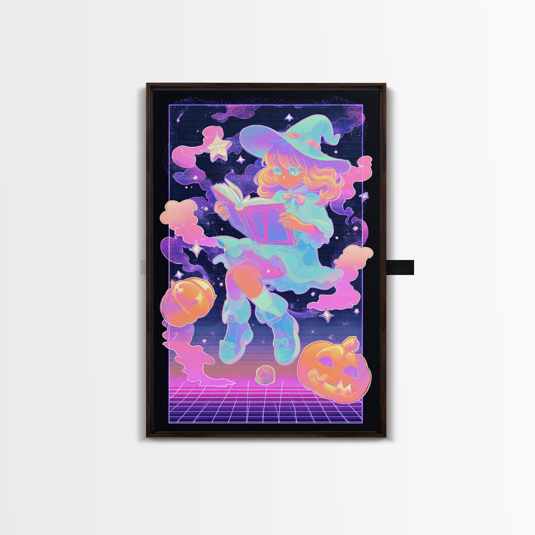 The Spellbook Sleepover, Synthwave Halloween Art, Vertical Wall Art, Canvas Print, Retro Halloween Decor, Neon Wall Art