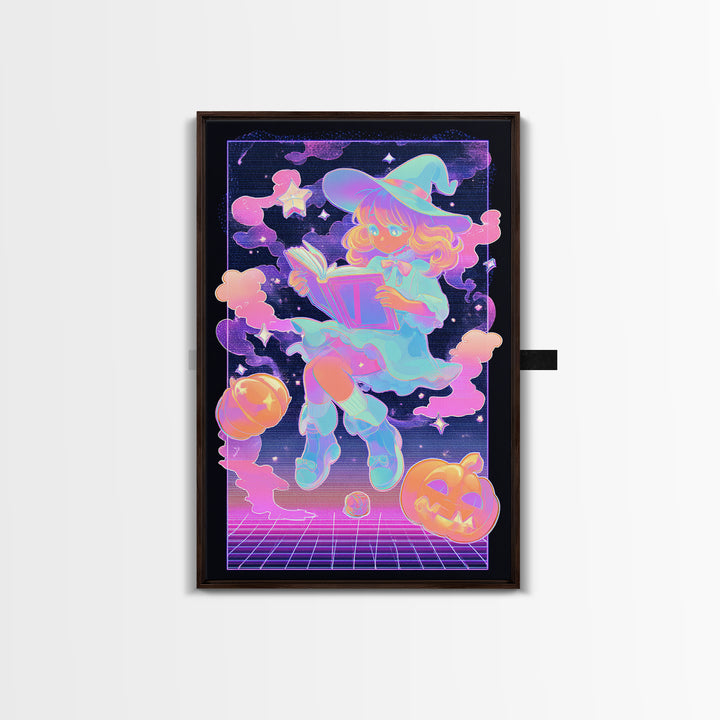 The Spellbook Sleepover, Synthwave Halloween Art, Vertical Wall Art, Canvas Print, Retro Halloween Decor, Neon Wall Art