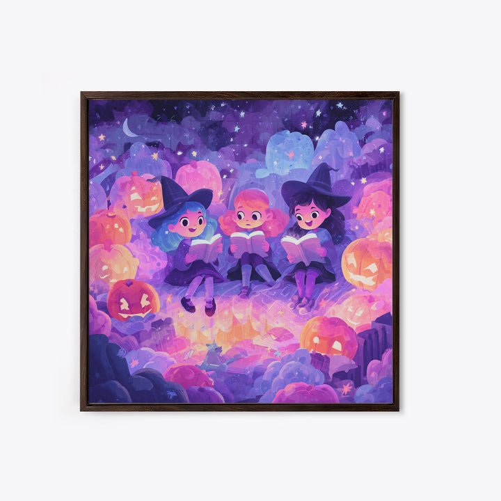 The Spellbook Sleepover, Retro Neon Halloween Art, Square Wall Art, Canvas Print, Retro Halloween Decor, Neon Wall Art, Statement Wall Art