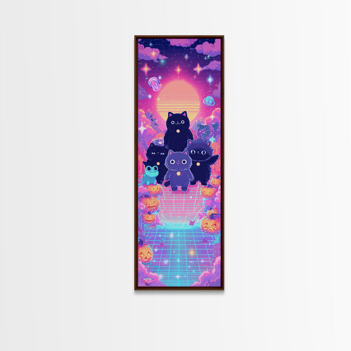 The Friendly Familiar Club, Vaporwave Halloween Decor, Tall Narrow Wall Art, Canvas Print, Retro Halloween Decor, Neon Wall Art