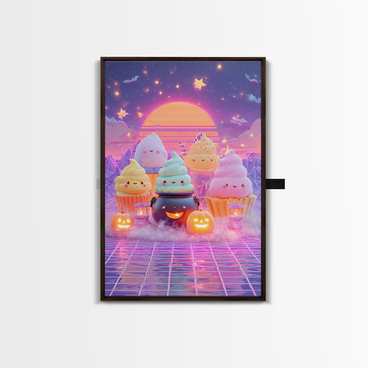 The Cupcake Cauldron Class, Vaporwave Halloween Decor, Vertical Wall Art, Canvas Print, Retro Halloween Decor, Neon Wall Art
