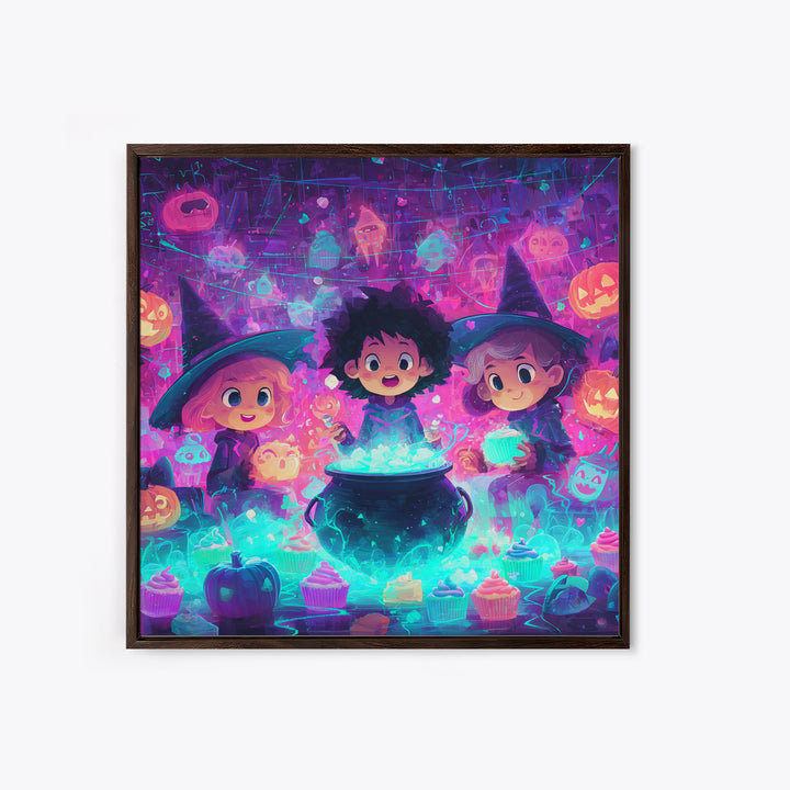 The Cupcake Cauldron Class, 80s Halloween Wall Art, Square Wall Art, Framed Canvas Print, Retro Halloween Decor, Neon Wall Art