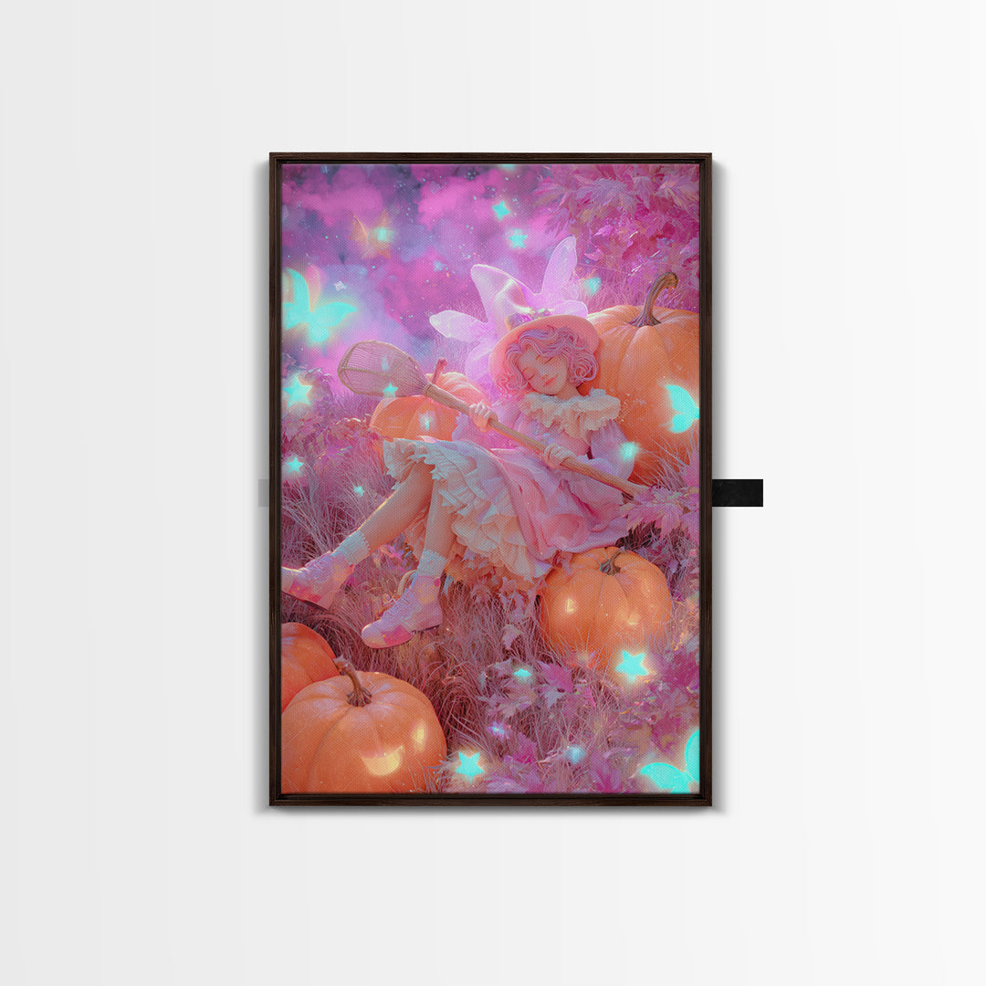 The Cloud-Catching Wizard, Retro Neon Halloween Art, Vertical Wall Art, Canvas Print, Retro Halloween Decor, Neon Wall Art