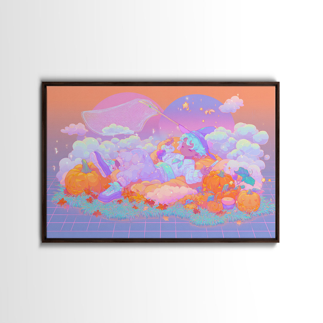 The Cloud-Catching Wizard, Cute Spooky Neon Art, Landscape Wall Art, Canvas Print, Retro Halloween Decor, Neon Wall Art