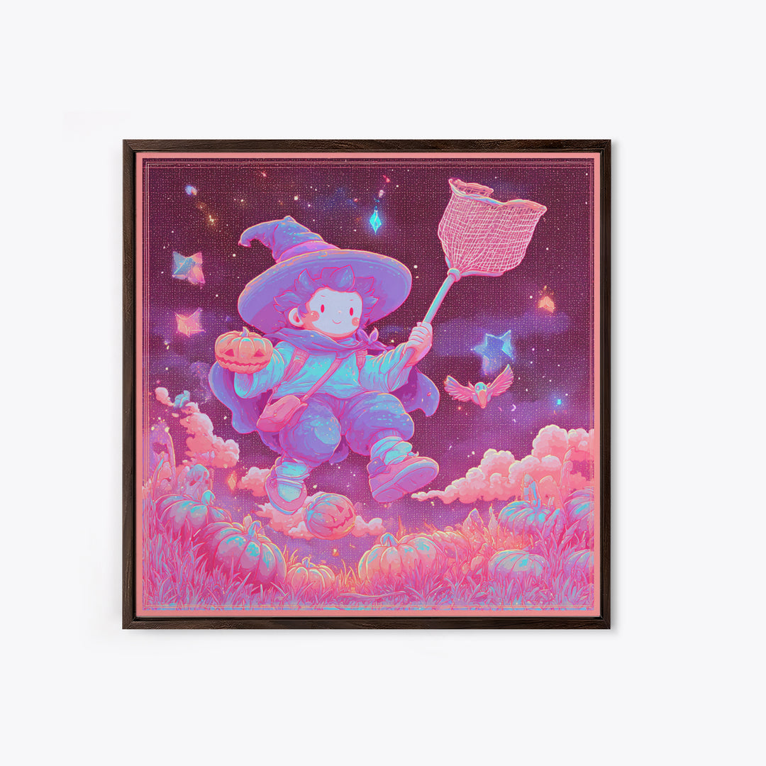 The Cloud-Catching Wizard, Retro Neon Halloween Art, Square Wall Art, Canvas Print, Retro Halloween Decor, Neon Wall Art, Horror Wall Art