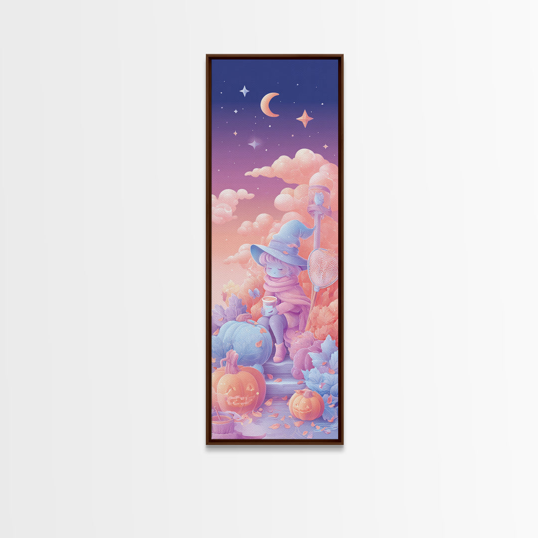 The Cloud-Catching Wizard, 80s Halloween Wall Art, Tall Narrow Wall Art, Framed Canvas Print, Retro Halloween Decor, Neon Wall Art