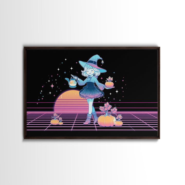 The Moon Garden Witch, Cute Spooky Neon Art, Landscape Wall Art, Canvas Print, Retro Halloween Decor, Neon Wall Art, Horror Wall Art