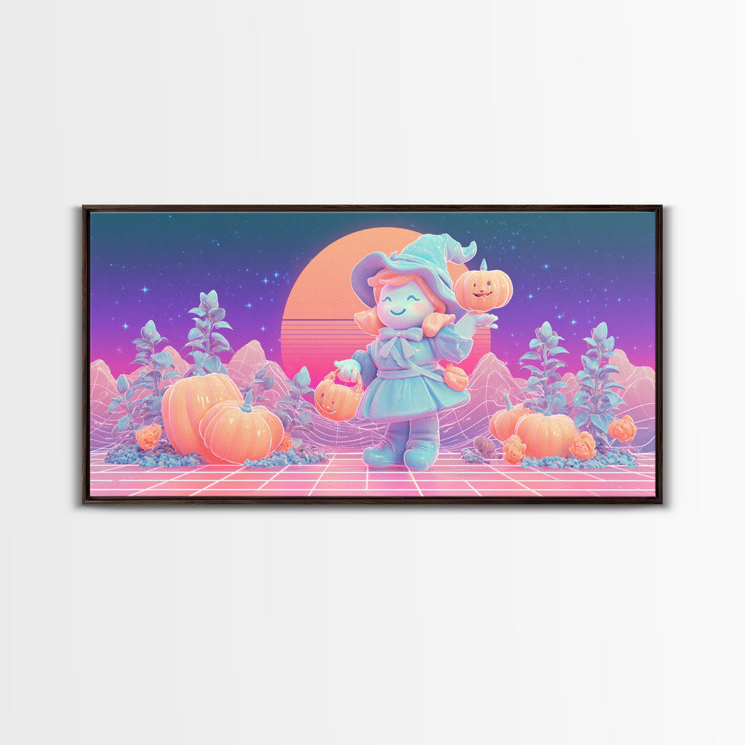 The Moon Garden Witch, Synthwave Halloween Art, Wide Panoramic Art, Framed Canvas Print, Retro Halloween Decor, Neon Wall Art