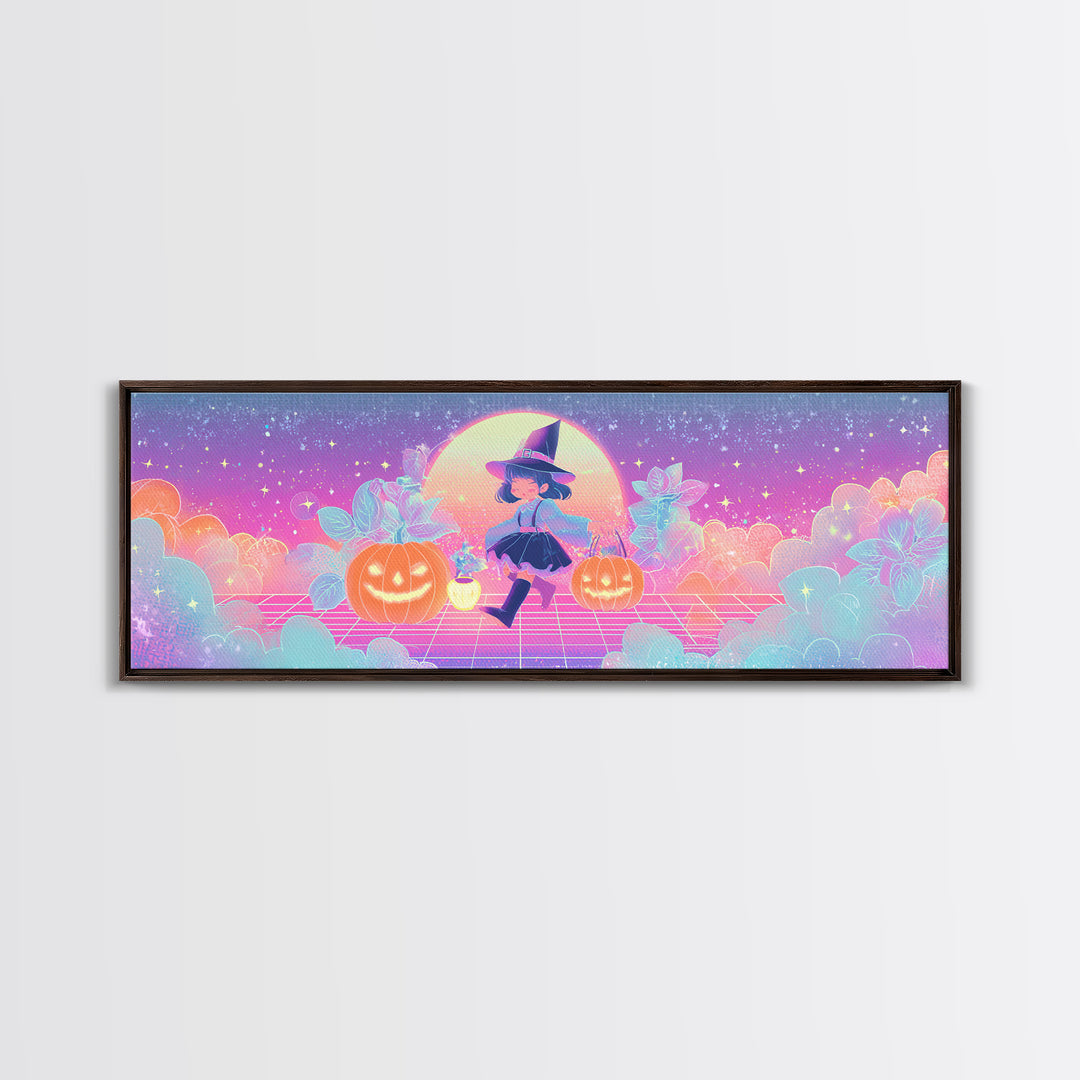 The Moon Garden Witch, 80s Halloween Wall Art, Extra Wide Wall Art, Framed Canvas Print, Retro Halloween Decor, Neon Wall Art