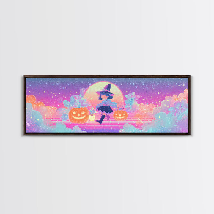 The Moon Garden Witch, 80s Halloween Wall Art, Extra Wide Wall Art, Framed Canvas Print, Retro Halloween Decor, Neon Wall Art