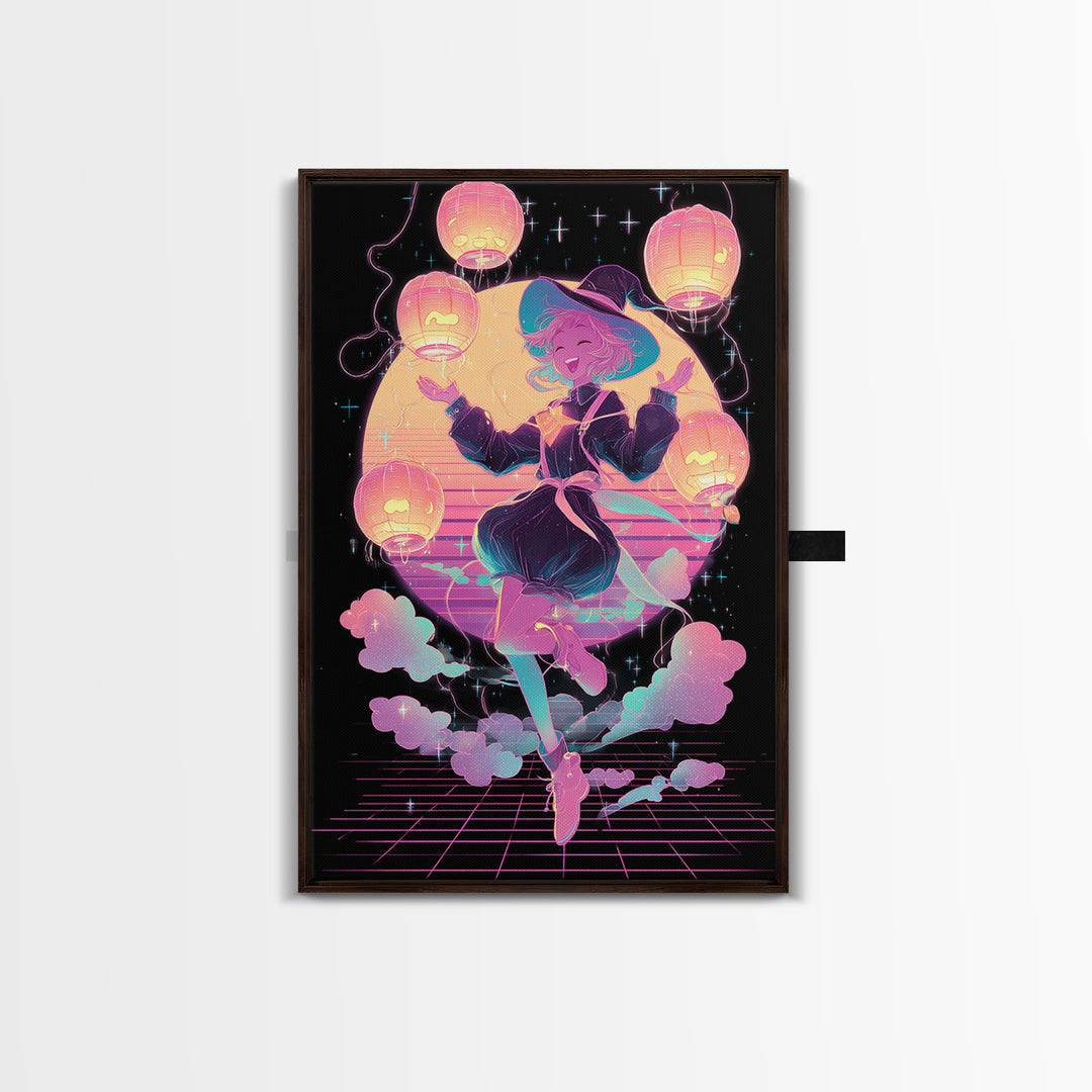 The Lantern-Light Wizard, Cute Spooky Neon Art, Vertical Wall Art, Framed Canvas Print, Retro Halloween Decor, Neon Wall Art