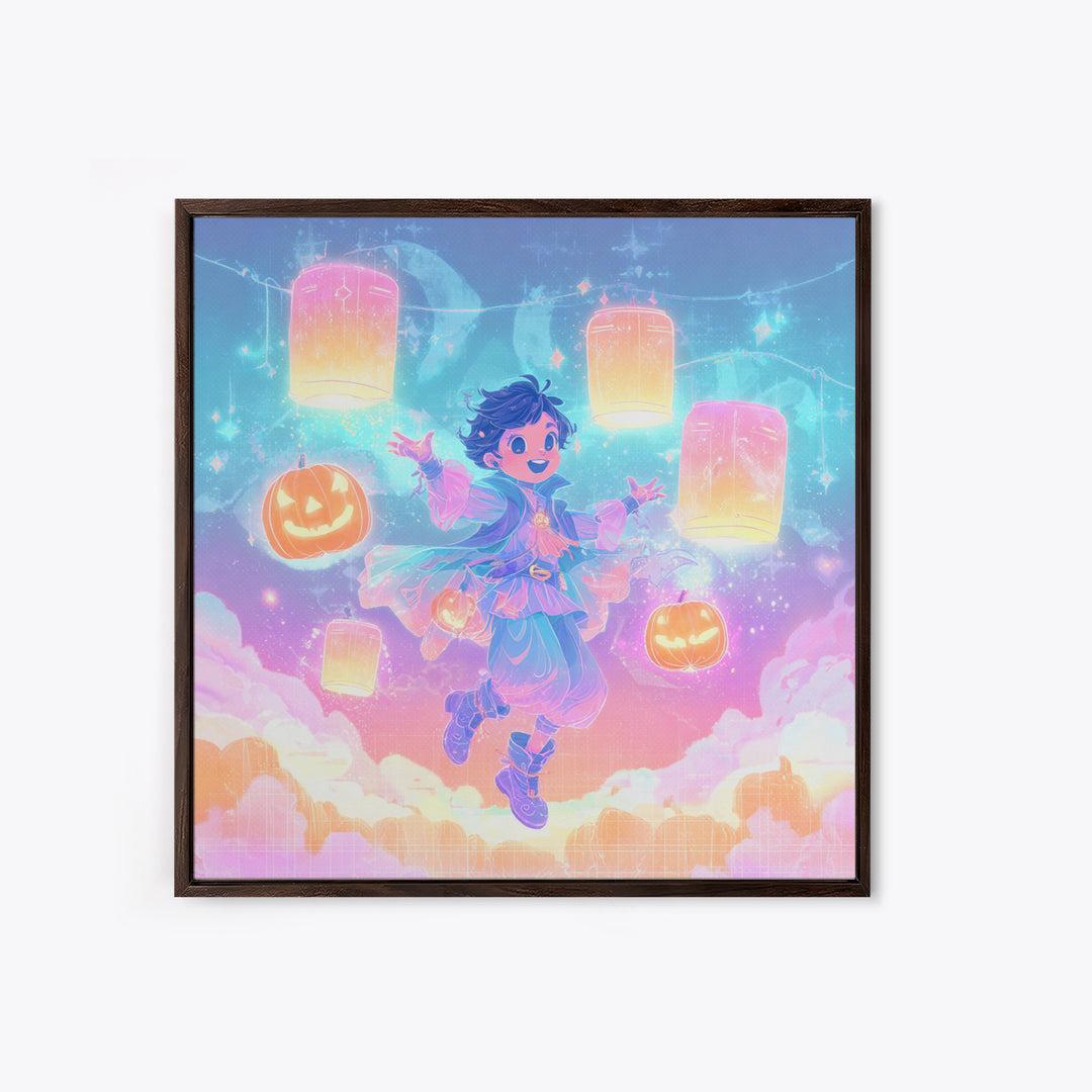 The Lantern-Light Wizard, Synthwave Halloween Art, Square Wall Art, Framed Canvas Print, Retro Halloween Decor, Neon Wall Art