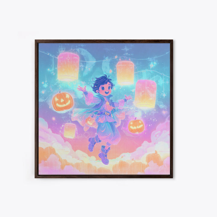 The Lantern-Light Wizard, Synthwave Halloween Art, Square Wall Art, Framed Canvas Print, Retro Halloween Decor, Neon Wall Art