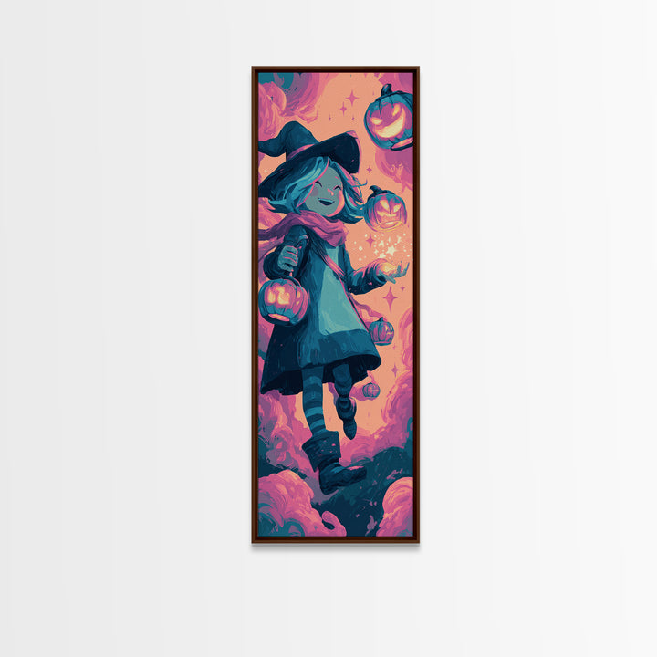The Lantern-Light Wizard, 80s Halloween Wall Art, Tall Narrow Wall Art, Framed Canvas Print, Retro Halloween Decor, Neon Wall Art