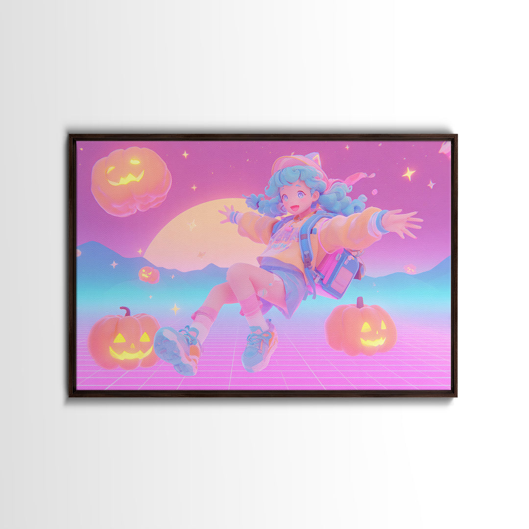 The Candy Map Adventurers, Retro Neon Halloween Art, Landscape Wall Art, Framed Canvas Print, Retro Halloween Decor, Neon Wall Art