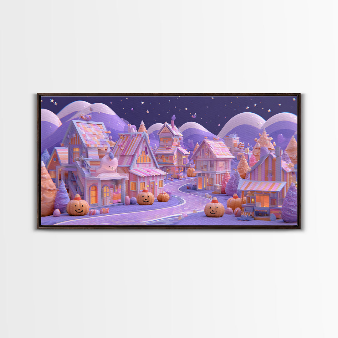 Candy Corn Village, 80s Halloween Wall Art, Wide Panoramic Art, Framed Canvas Print, Retro Halloween Decor, Neon Wall Art