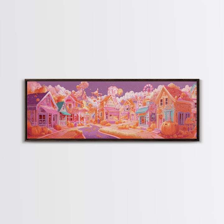 Candy Corn Village, Retro Neon Halloween Art, Extra Wide Wall Art, Canvas Print, Retro Halloween Decor, Neon Wall Art, Statement Wall Art