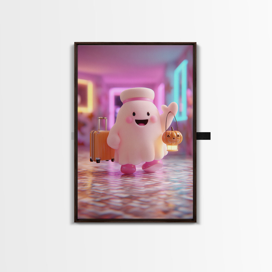 The Friendly Ghost Hotel, Retro Neon Halloween Art, Vertical Wall Art, Canvas Print, Retro Halloween Decor, Neon Wall Art, Horror Wall Art