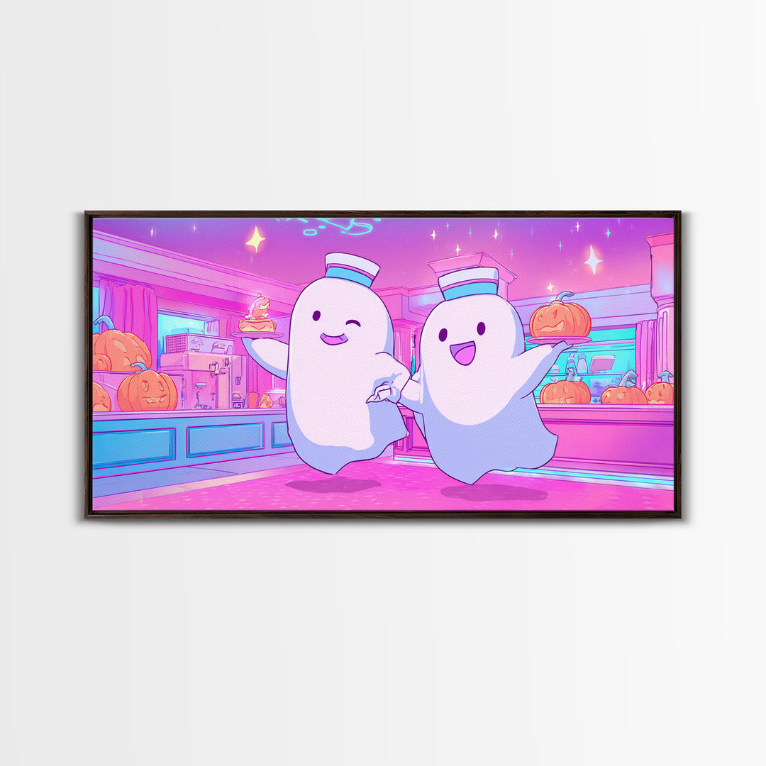 The Friendly Ghost Hotel, Cute Spooky Neon Art, Wide Panoramic Art, Framed Canvas Print, Retro Halloween Decor, Neon Wall Art