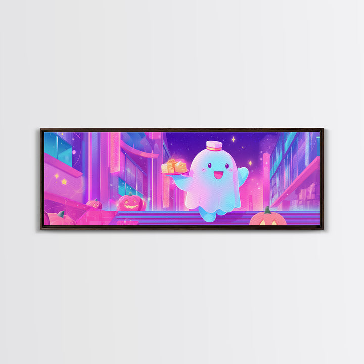 The Friendly Ghost Hotel, Cute Spooky Neon Art, Extra Wide Wall Art, Canvas Print, Retro Halloween Decor, Neon Wall Art, Dark Fantasy Art