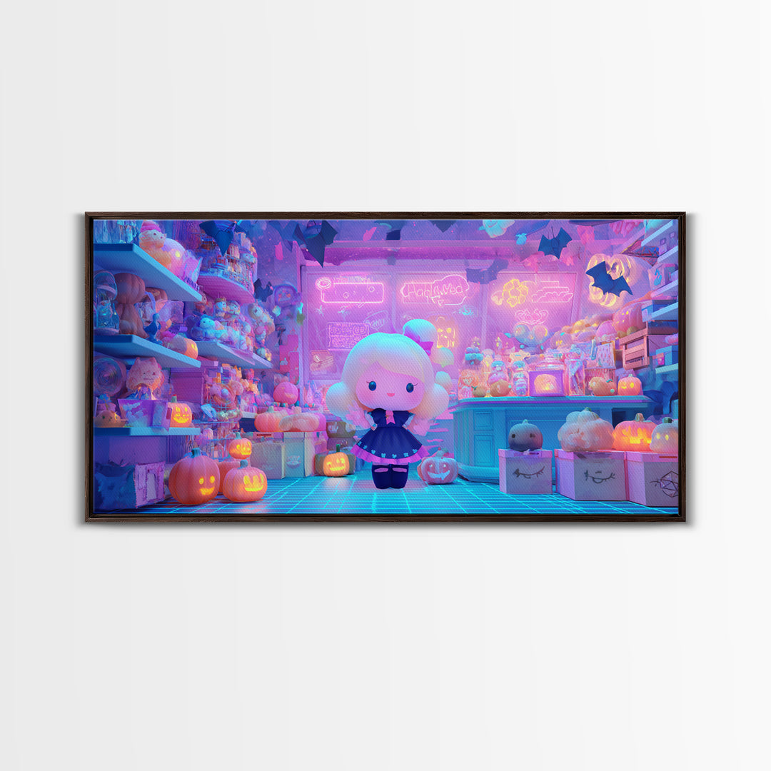 The Moonlight Toy Shop, Vaporwave Halloween Decor, Wide Panoramic Art, Canvas Print, Retro Halloween Decor, Neon Wall Art